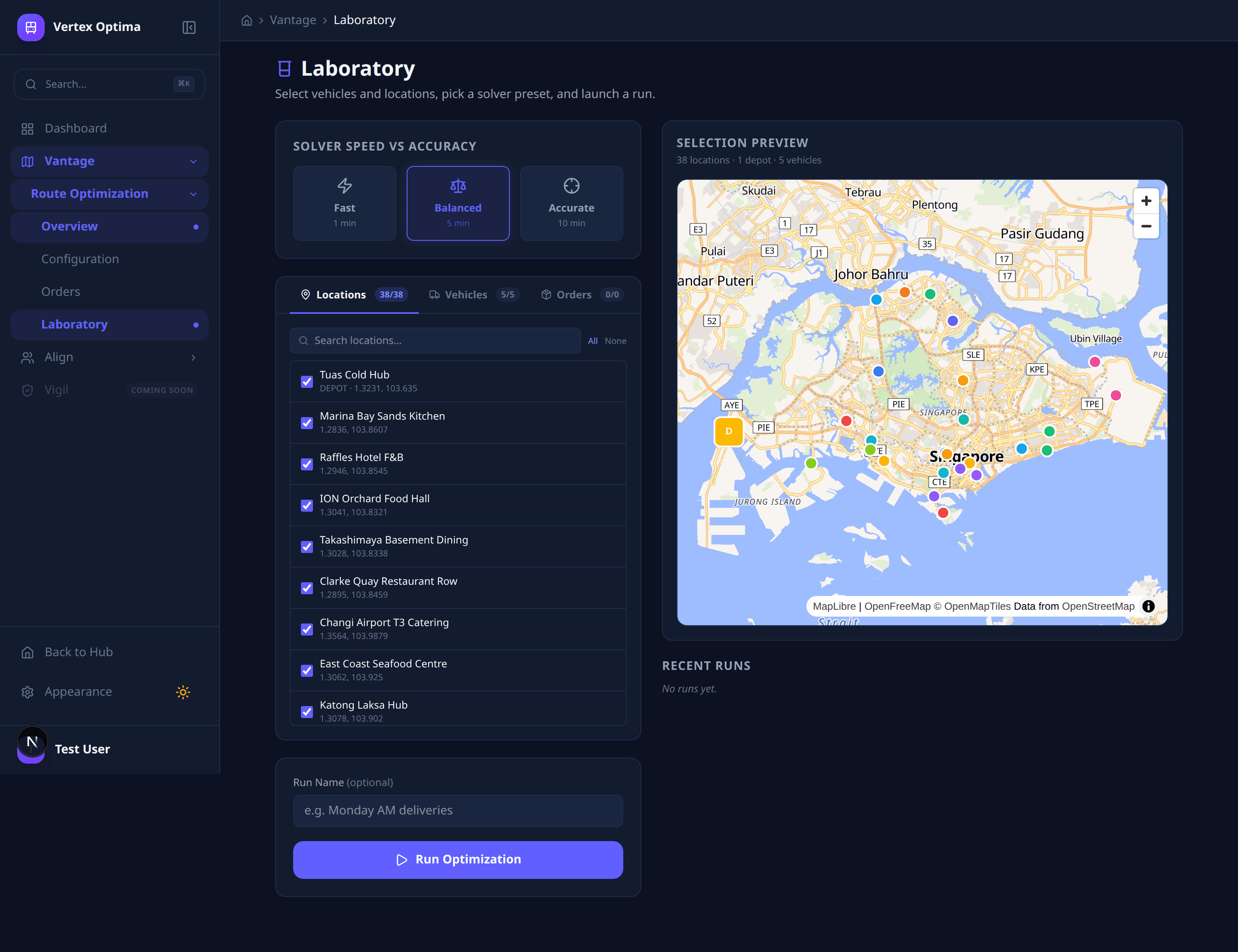 Vantage live route-optimization map showing delivery routes and stops across the city